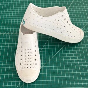 Native White Slip-On Perforated Sneakers with Aqua Heel Tab